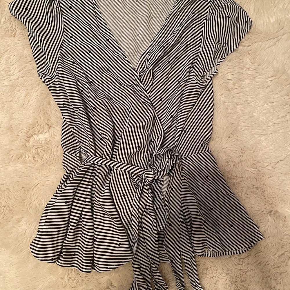 LOFT Black and White Striped Blouse Petite Size L